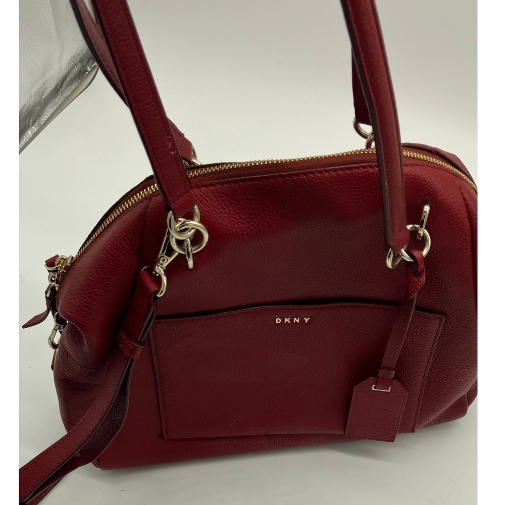 DKNY Red Pebbled Leather Satchel Crossbody Bag Gold Hardware Dome Handbag